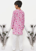 Little Bansi Boys Cotton Floral Kurta with Pearl Buttons & Pyjama in Pink & Cream