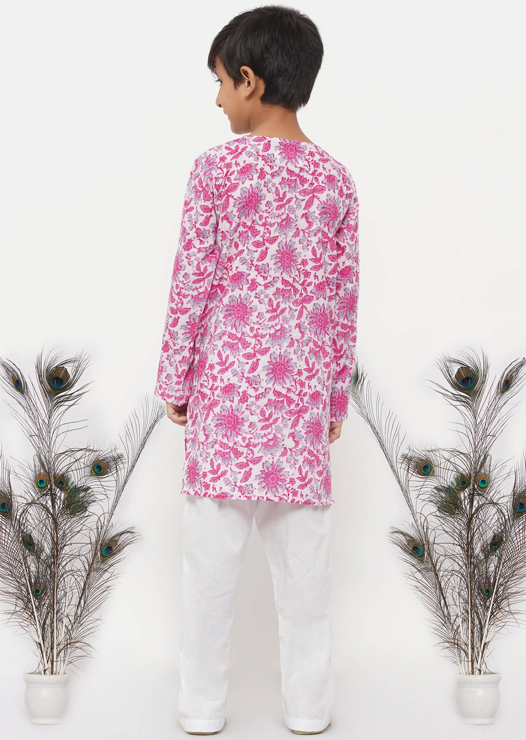 Little Bansi Boys Cotton Floral Kurta with Pearl Buttons & Pyjama in Pink & Cream