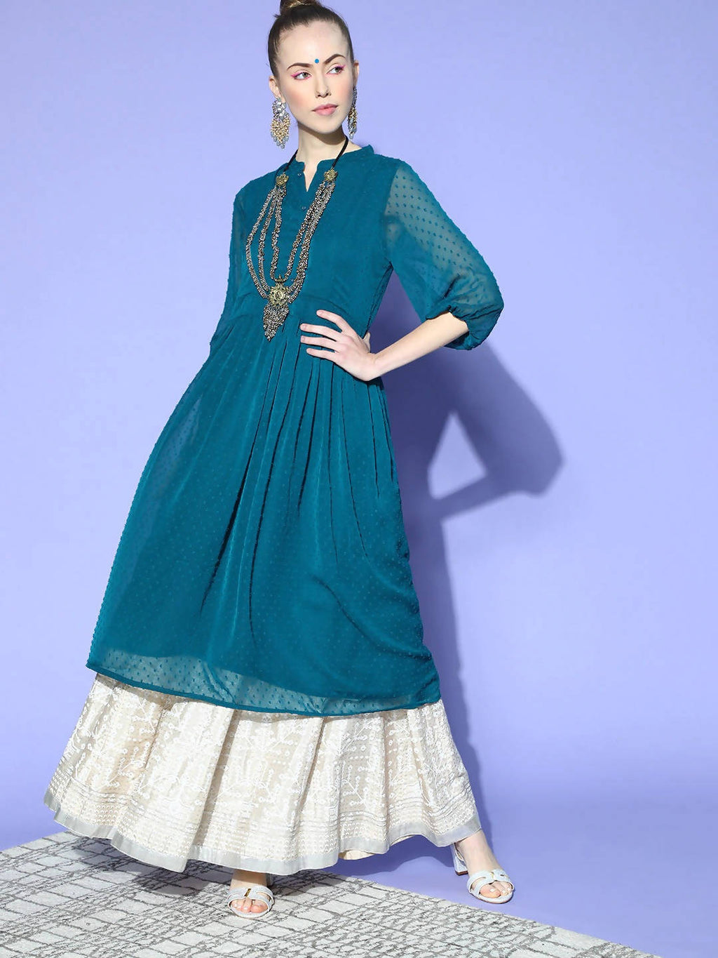Janasya Teal Woven Design Dobby Weave Kurta - Distacart
