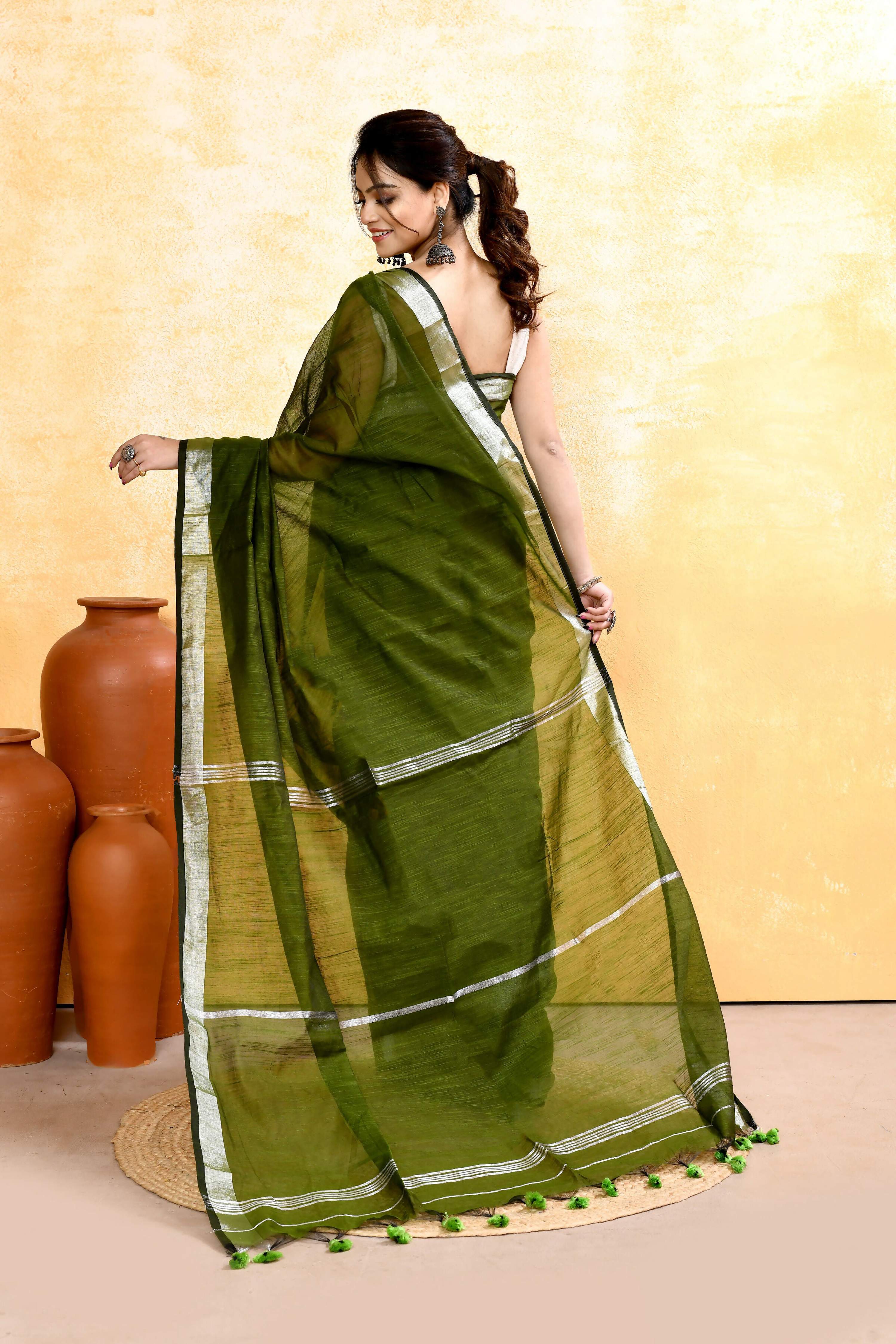 Piyari Fashion Women's Moss Green Embellished Cotton Blend Zari Border Handloom Saree - Distacart
