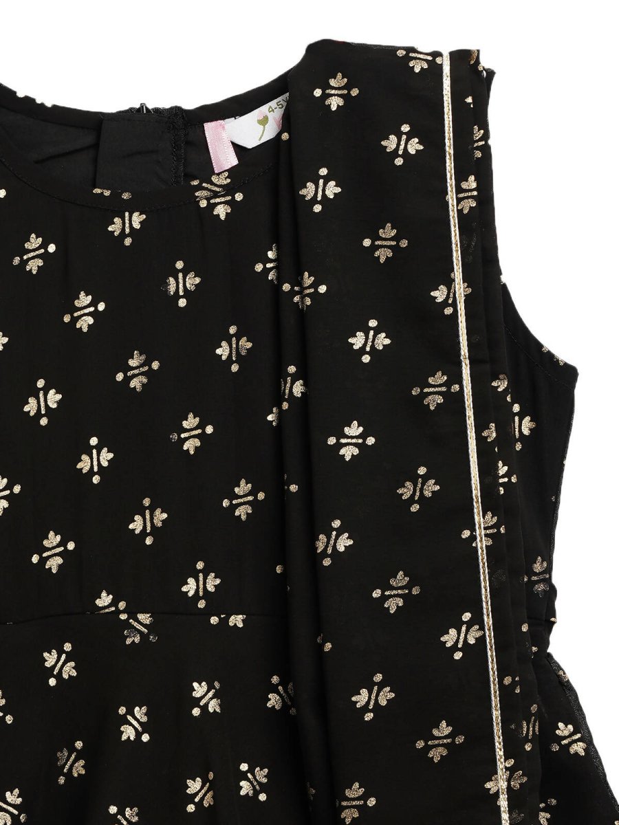 Ahalyaa Black Georgette Gold Foil Print Kids Peplum style Kurta Sharara Set With Dupatta For Girls
