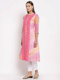 Myshka Women's Pink Cotton Printed 3/4 Sleeve Round Neck Casual Kurta