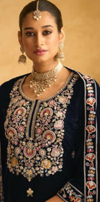 Anaita Dark Blue Embroidered with Beads Velvet Stitched Plazo Suit - Distacart