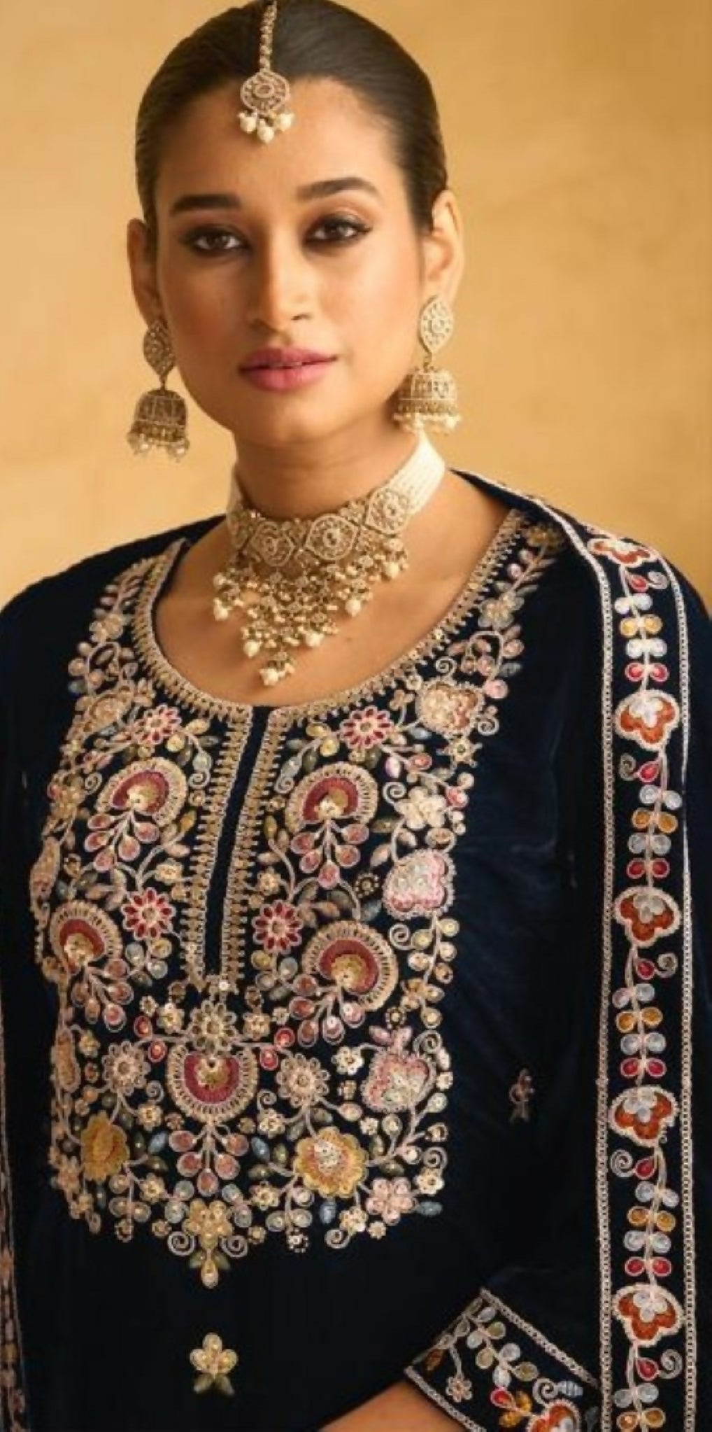 Anaita Dark Blue Embroidered with Beads Velvet Stitched Plazo Suit - Distacart