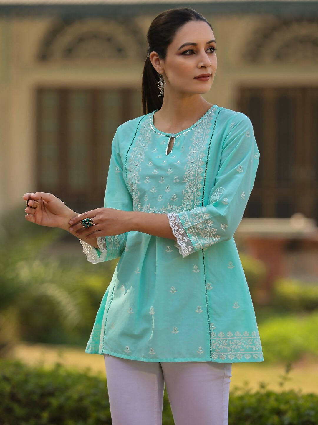 Juniper Women's Aqua Cambric Floral Printed Tunic - Distacart