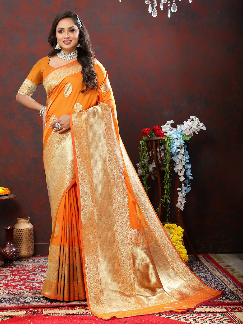 Lorenvalley Fashion Orange Soft Silk Woven Design Gold Zari Weaving Saree
