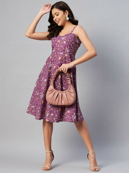 Miravan Women's Purple Floral Printed Midi Length Dress