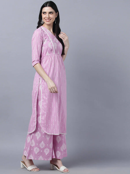 Myshka Stylish Pink 3/4 Sleeve Women's Kurta Palazzo Set