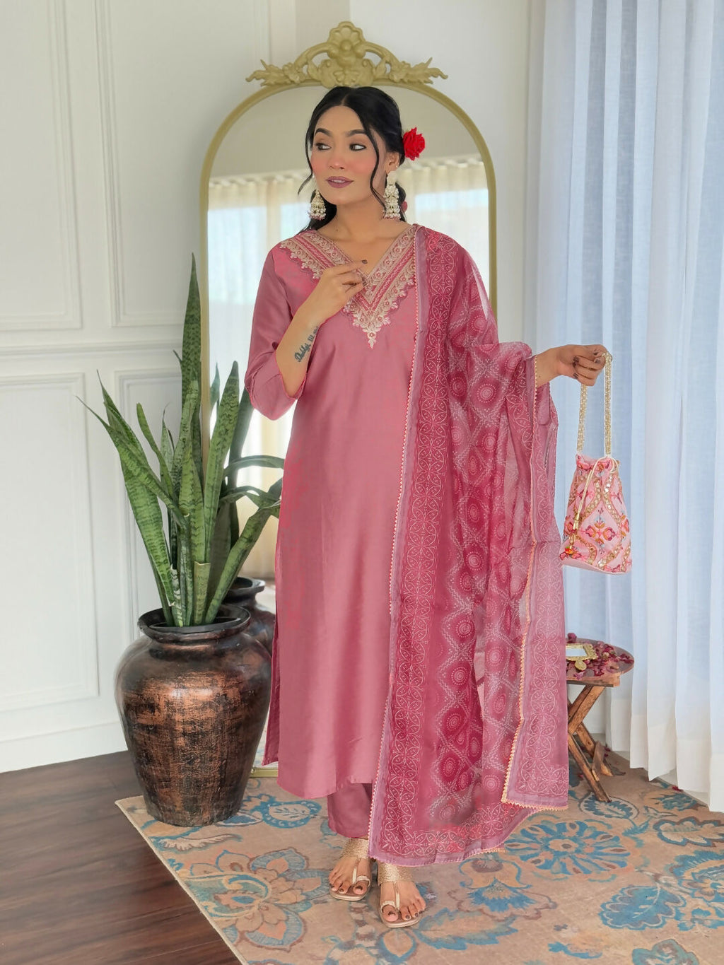 The52 Gajri Women's Beautiful Embroidered Rayon Fabric with Straight Kurta, Pant and Dupatta Set - Distacart