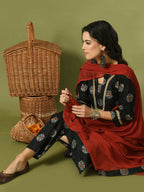 Myshka Women's Black Printed Cotton Straight Party Kurta Set With Dupatta