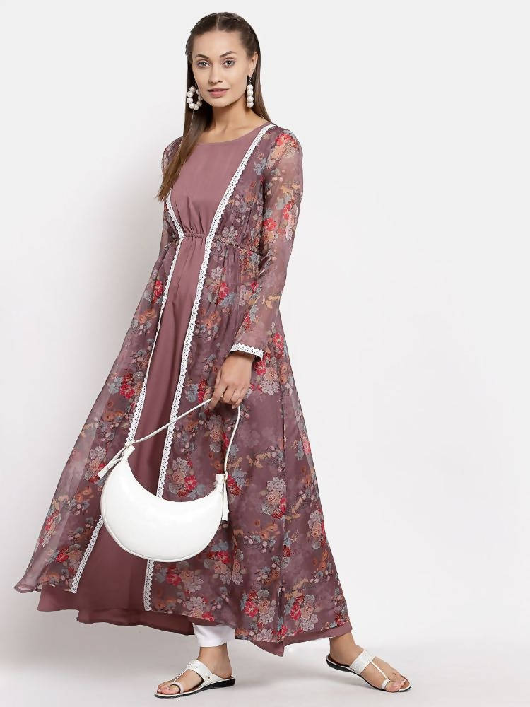 Myshka Women's Multi Organza Printed Full Sleeve Round Neck Casual Maxi Dress