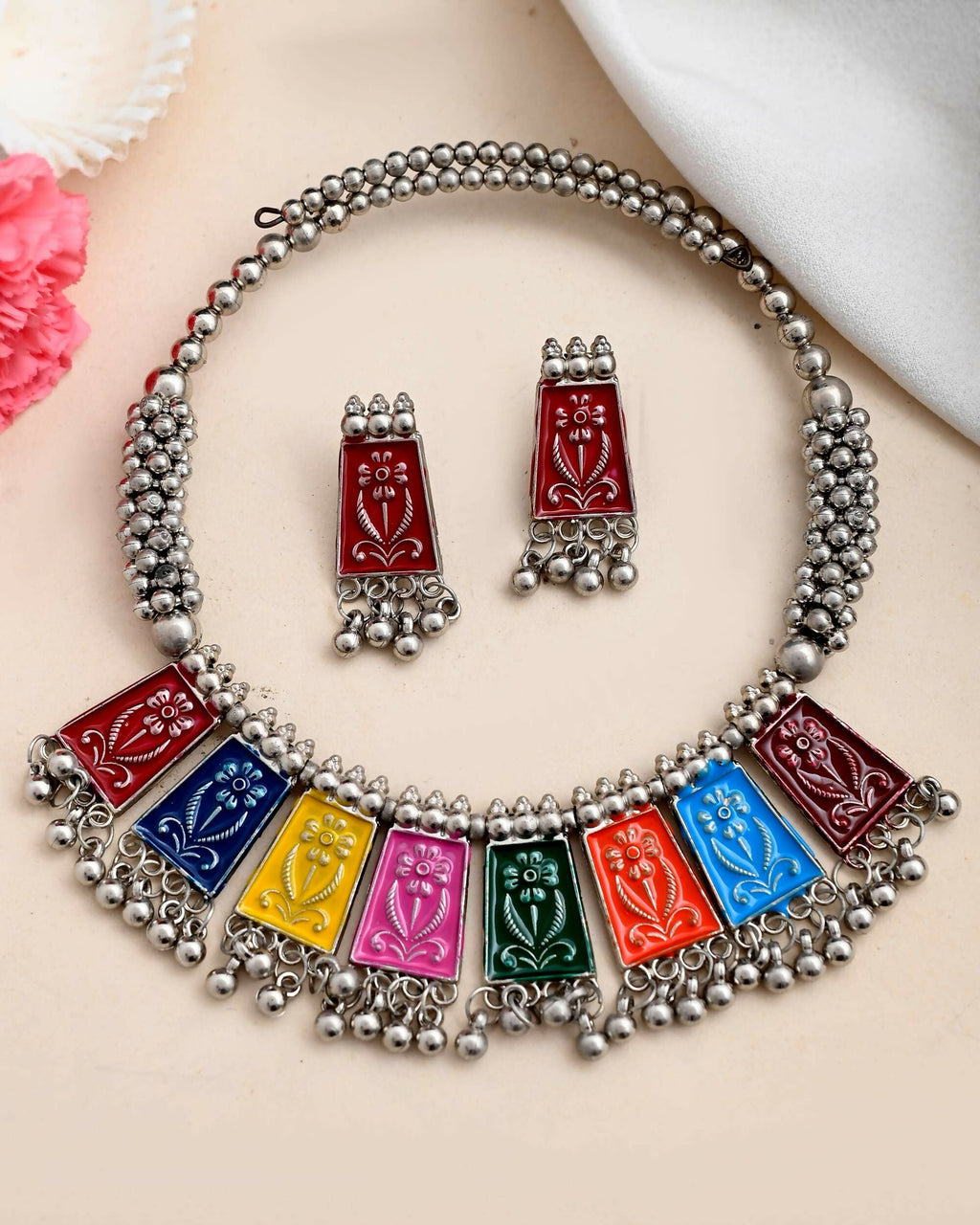 VOJ Silver Plated Oxidized Multi Color Hasli with Earring Set