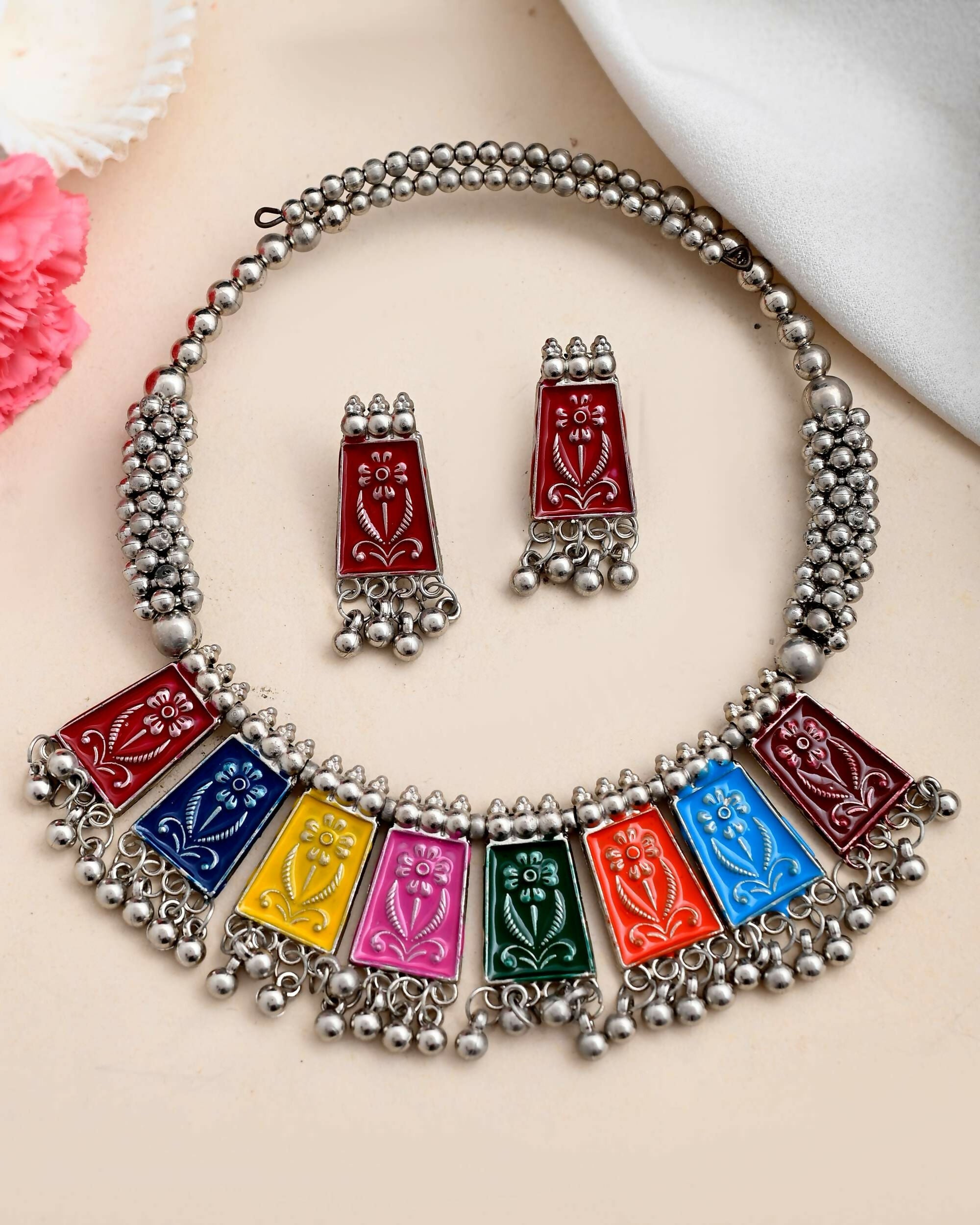 VOJ Silver Plated Oxidized Multi Color Hasli with Earring Set