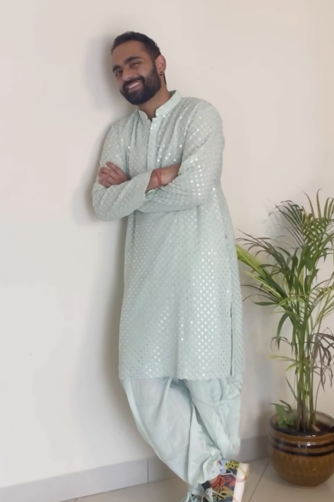 Pista Green Mirror Work Designer Kurta by Hilo Design