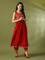 Myshka Women's Red Embroidered Georgette Anarkali Party Kurta Set