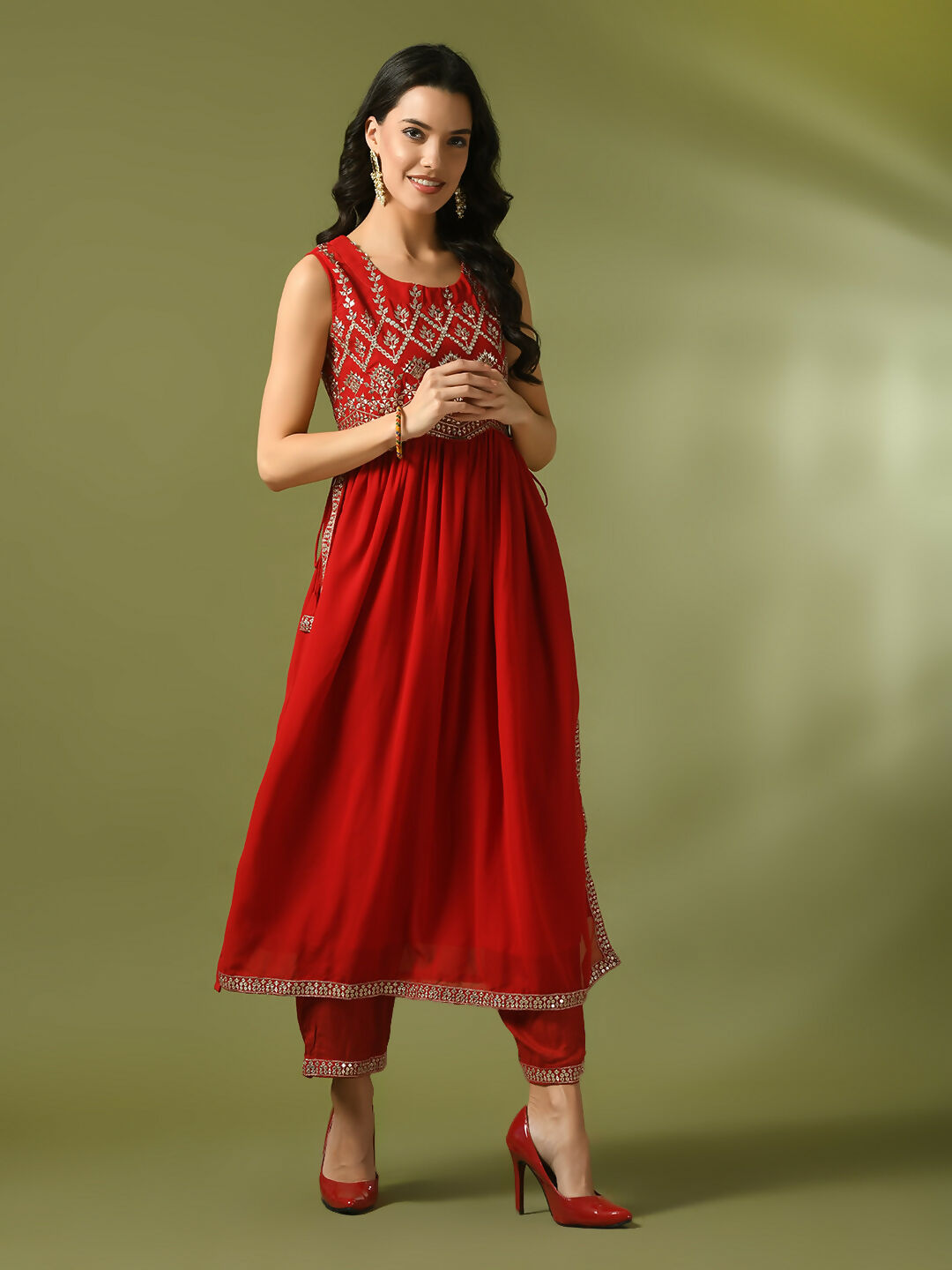 Myshka Women's Red Embroidered Georgette Anarkali Party Kurta Set