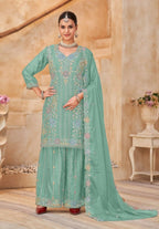 Anaita Sky Blue Vichitra Silk Readymade Palazzo Suit with Embroidery & Lace Work - Distacart