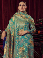 Jyoti Fashion Women's Turquiose Organza Jacquard Woven Kurta with Trouser & Dupatta
