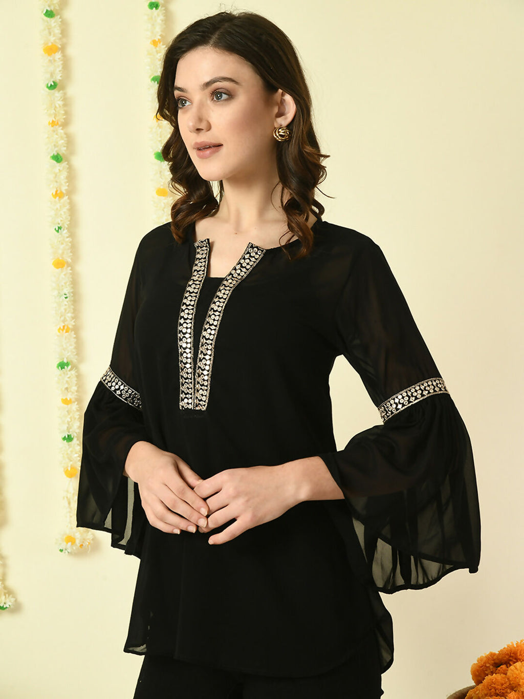 Myshka Women's Black Embroidered Party Fusion Top