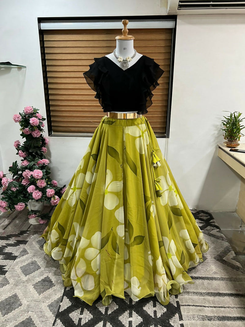 Dishitha Creation Floral Printed Stitched Lehenga & Crop Top - Black & Green