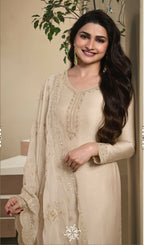 Anaita Beige Heavy Natural Crepe Stitched Suit with Embroidery & Zarkhan Work - Distacart