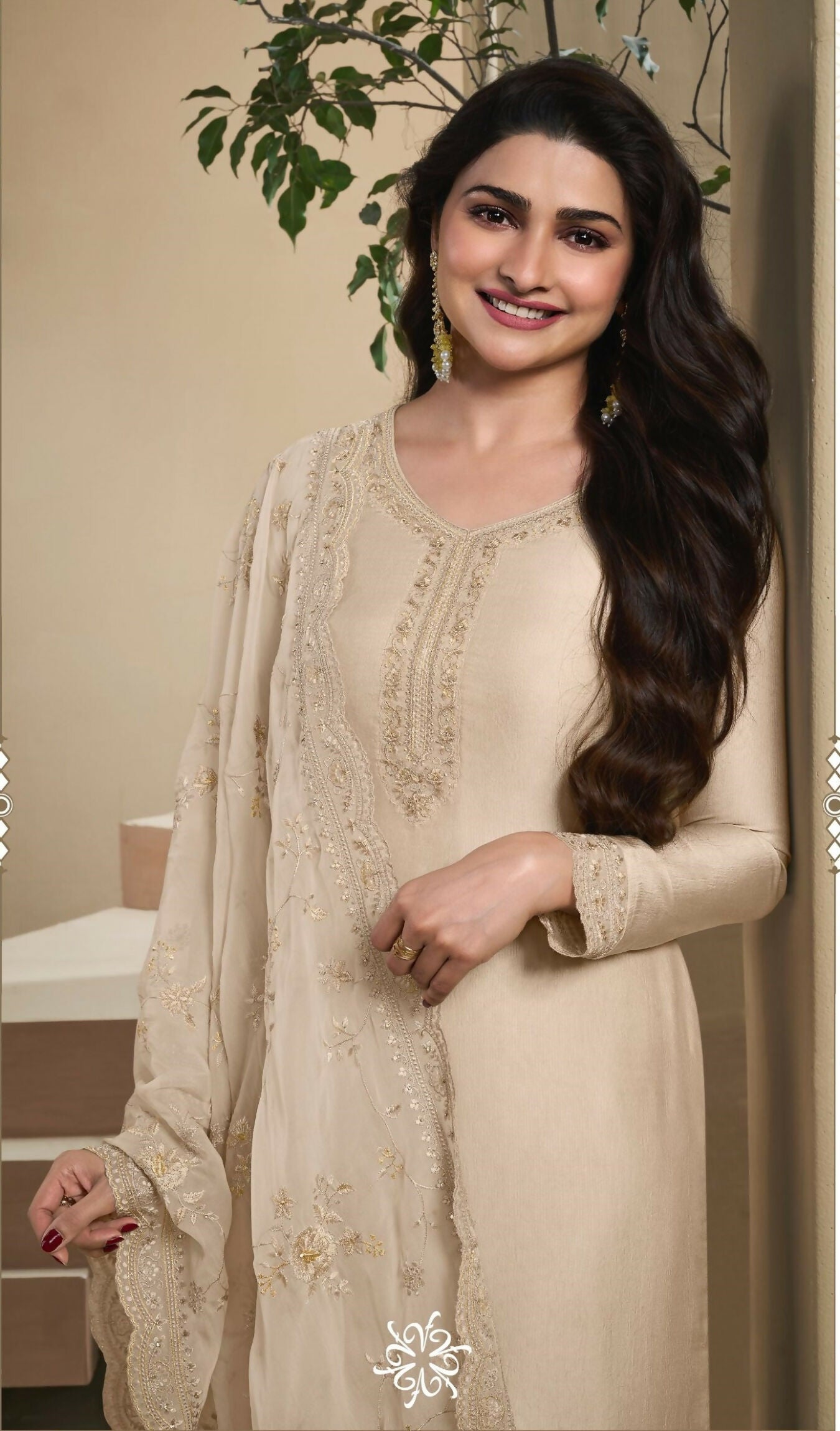 Anaita Beige Heavy Natural Crepe Stitched Suit with Embroidery & Zarkhan Work - Distacart
