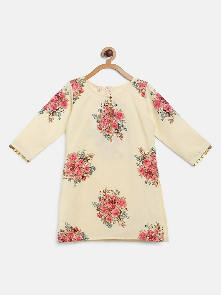 Ahalyaa Beige Crepe Floral Printed Kids Kurta Palazzo Set With Dupatta For Girls