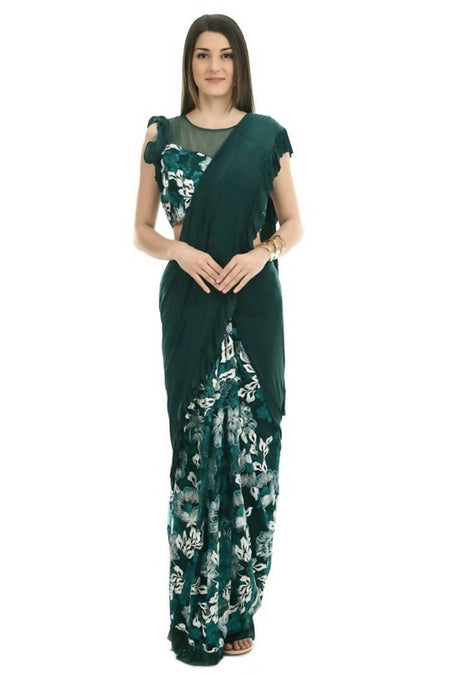 Mominos Fashion All Season Wear Bottle Green & White Thread Embroidered Ruffled Ready To Wear Saree