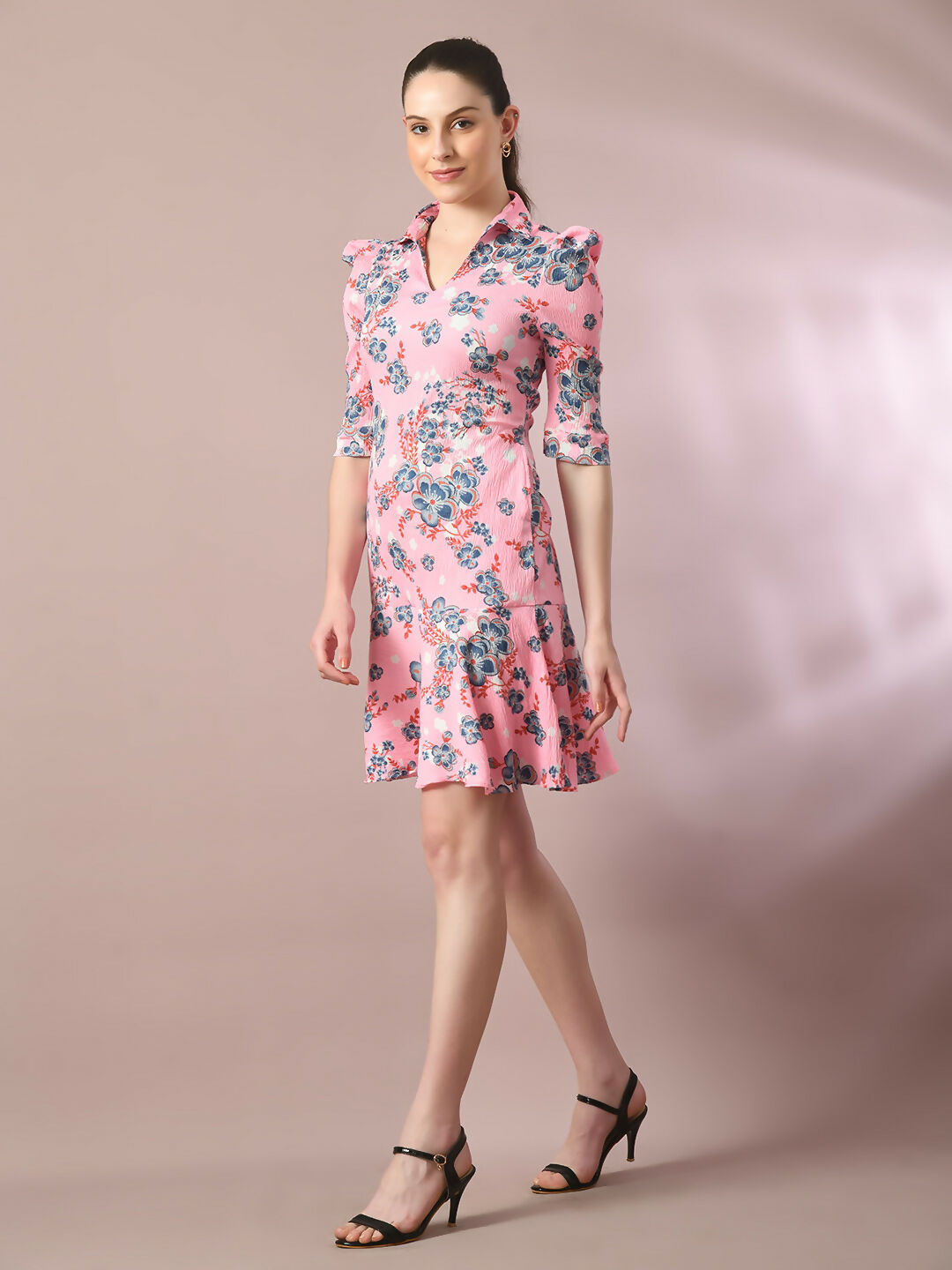 Myshka Women's Pink Printed Shirt Collar Fit and Flare Party Dress - Distacart