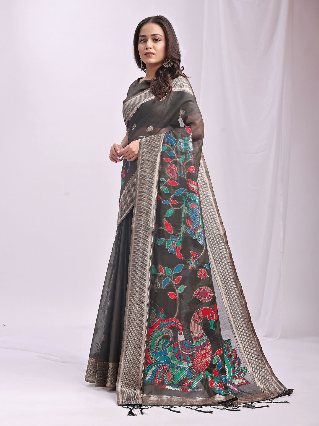 Shree Shyam Fashion Linen Cotton Grey Saree - Distacart
