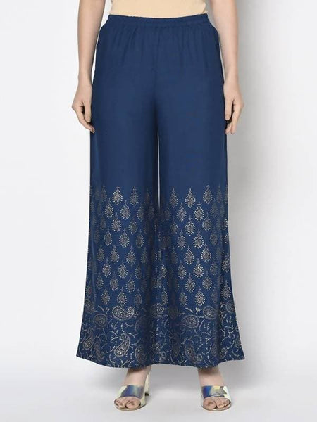 Aniyah Rayon Blue Color Gold Print Flared Slip-On Palazzo (AN-209K)