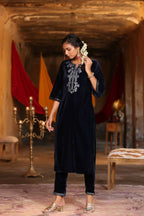 Juniper Women Navy Velvet Embroidered Straight Kurta Sets - Distacart