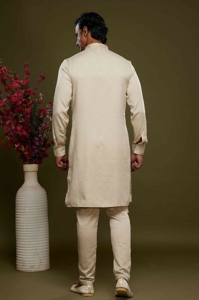 Raivat Ethnic Art Banarasi Silk Thread Work Kurta Pajama In Cream Beige Colour