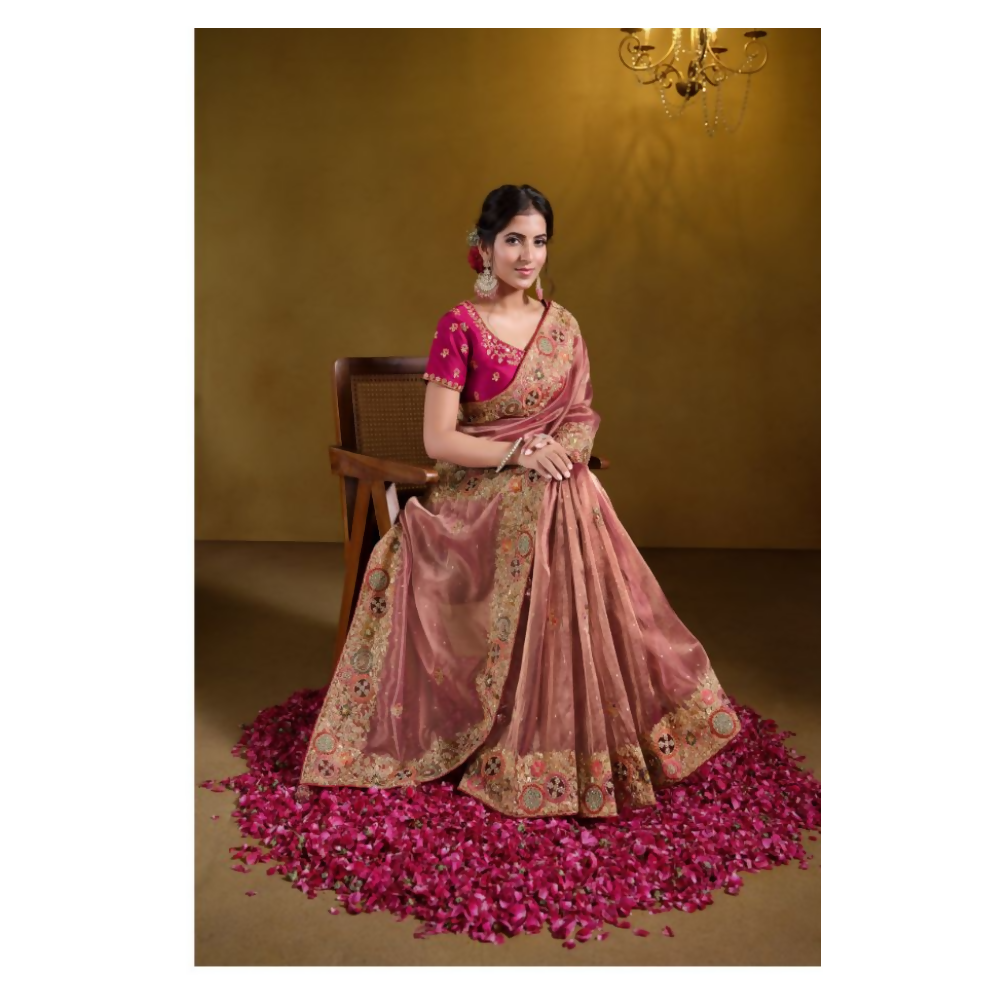 Peach Zari Organza Silk Pure Khatli work Designer Saree With Blouse. - Rajasvi