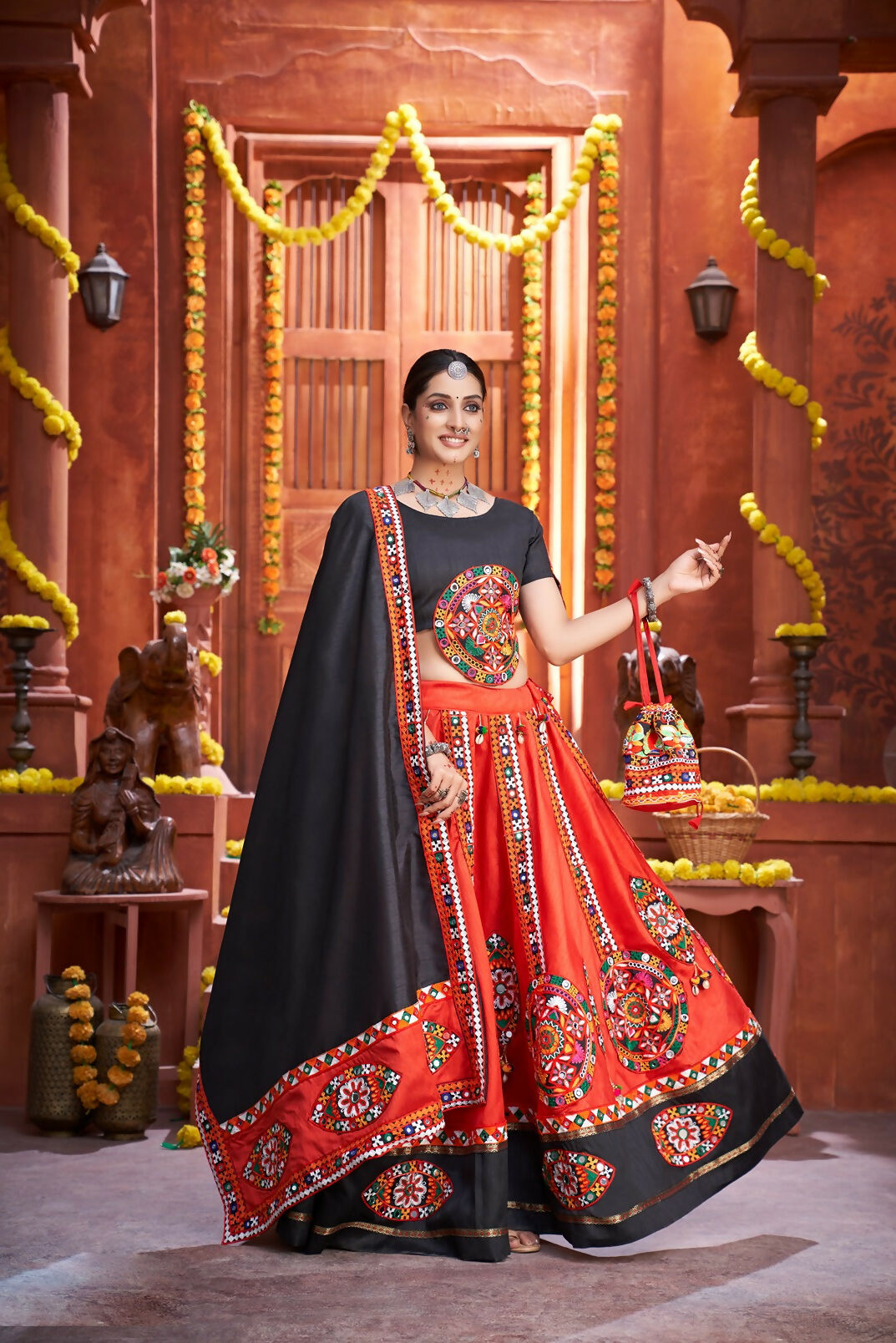 AI Fashion Red Art Silk Designer Navratri Lehenga Choli Collection