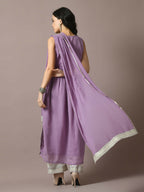 Myshka Women's Lavender Solid Georgette Anarkali Party Kurta Set With Dupatta