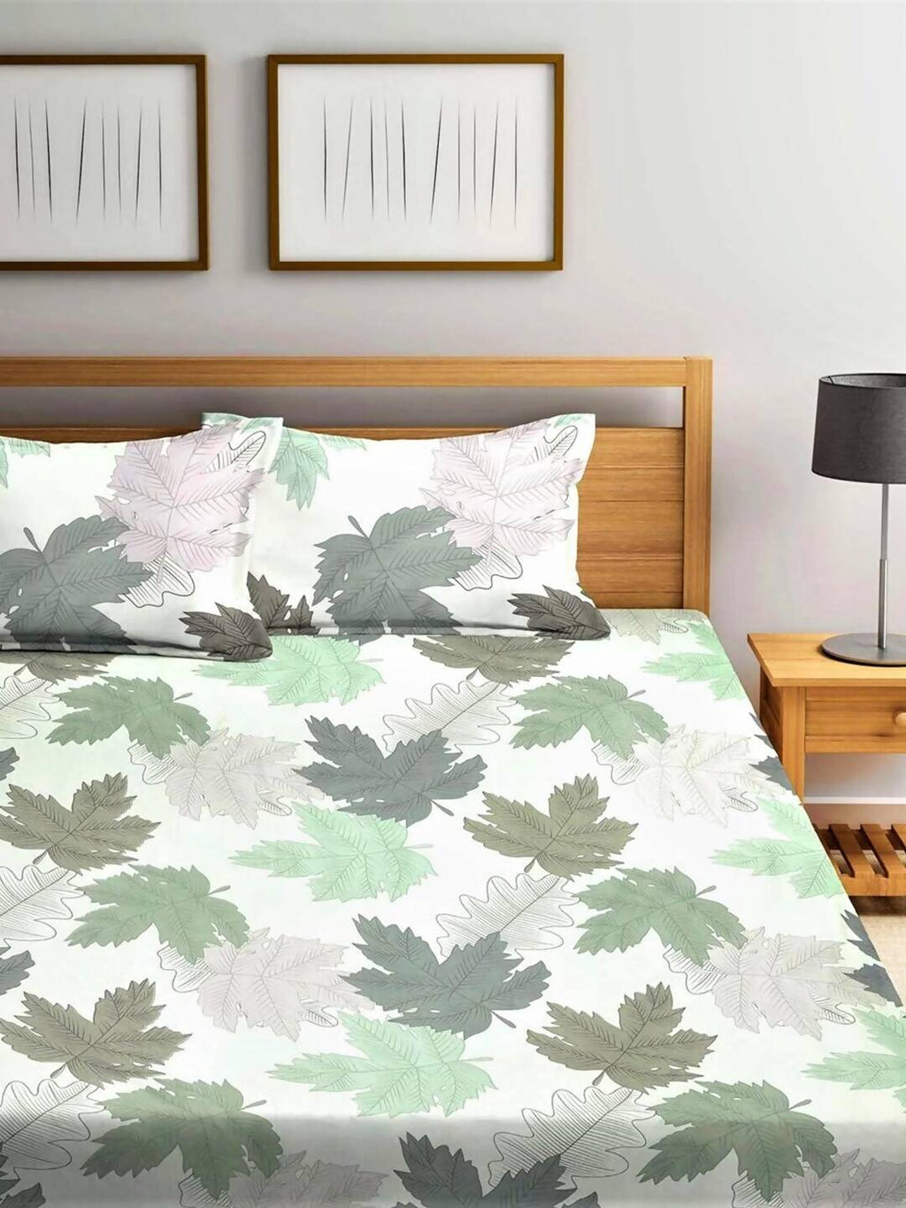 Home Sizzler White & Green Floral 210 TC Bedsheet with Pillow Covers