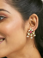Nuyug 22K Gold-Plated Elegant Kundan & Ruby Stone Studded & Beaded Studs - Distacart