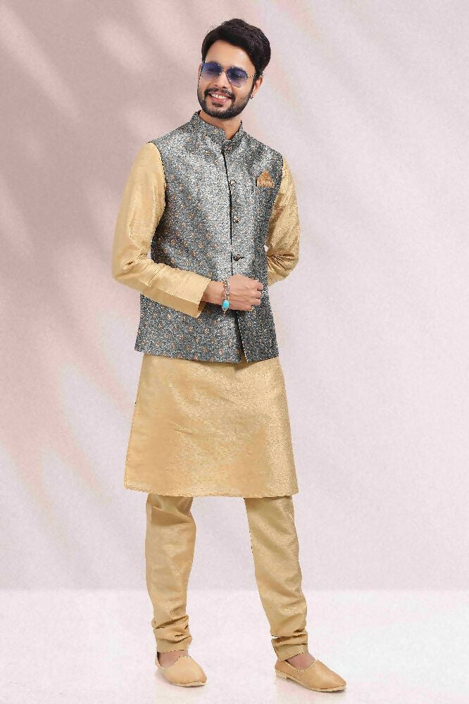 Raivat Ethnic Jacquard Banarasi Silk Woven Work 3 Pics Jacket Set In Grey Colour - Distacart