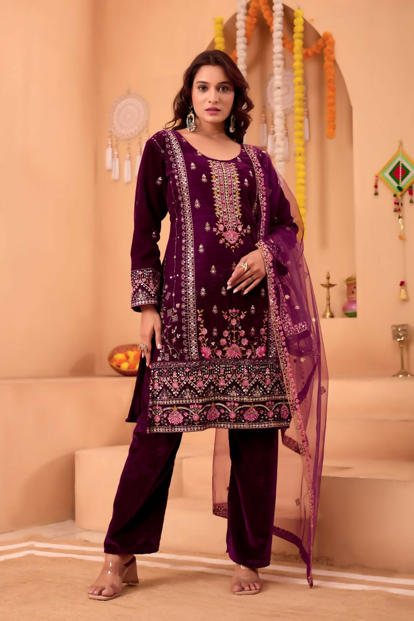 Joban Fashion Purple Kurta Set Velvet Embroidery Sequence Work - Distacart
