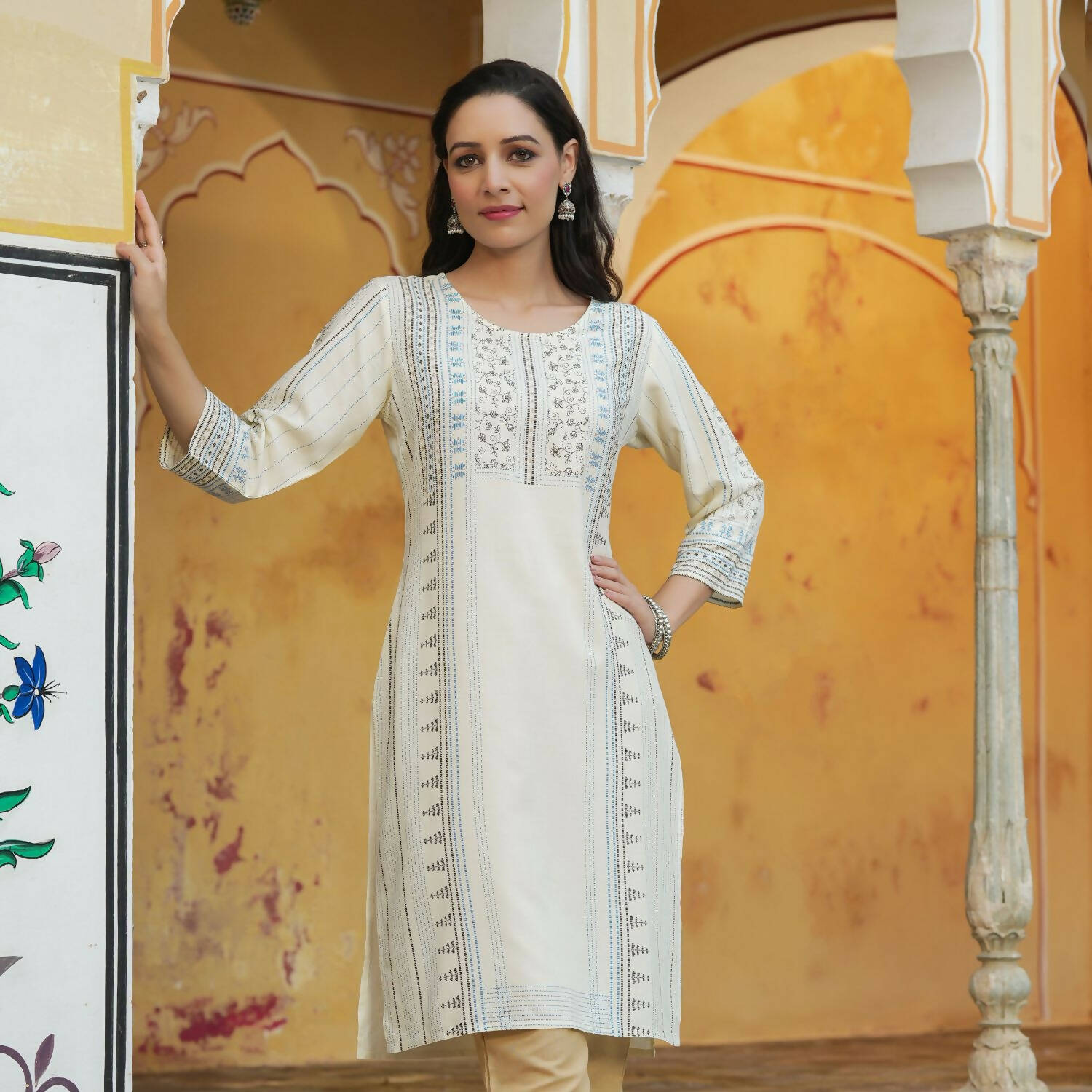 Juniper Women's Off-White Rayon Printed Straight Kurta - Distacart