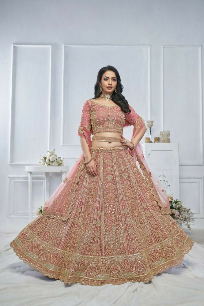 Kesar Fab Onion Net Embroidered Lehenga