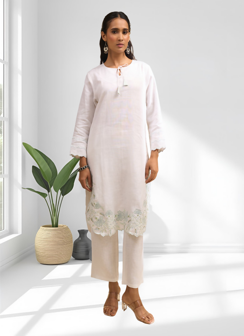 Joban Fashion Off White Linen Embroidered Readymade Cord Set - Distacart