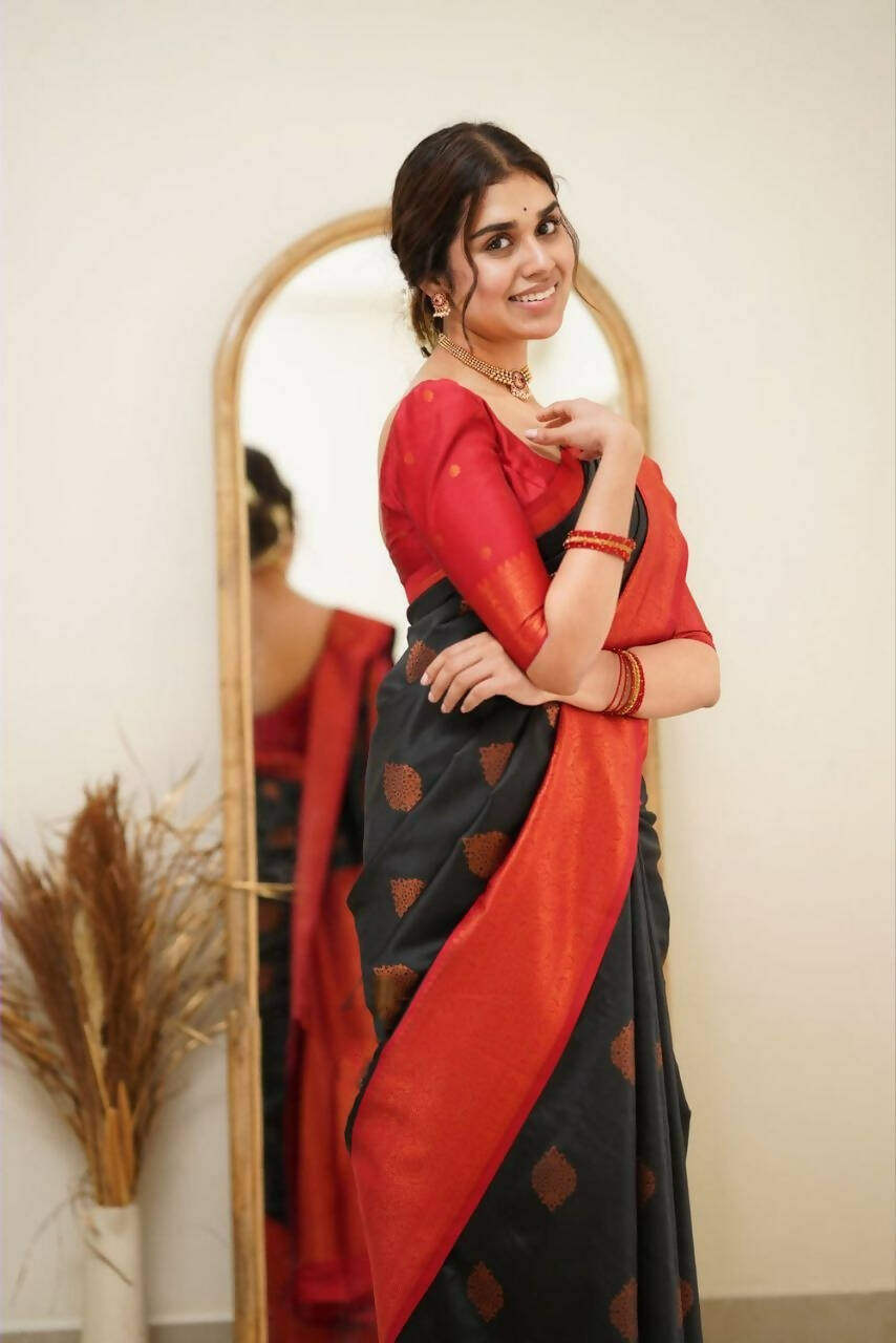 DEIANA'S Beautiful Designer Golden zari Soft Lichi Silk Saree - Black