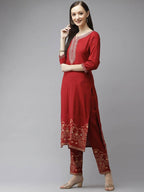 Yufta Women Maroon Ethnic Motifs Yoke Design Regular Thread Work Kurta with Palazzo & With Dupatta