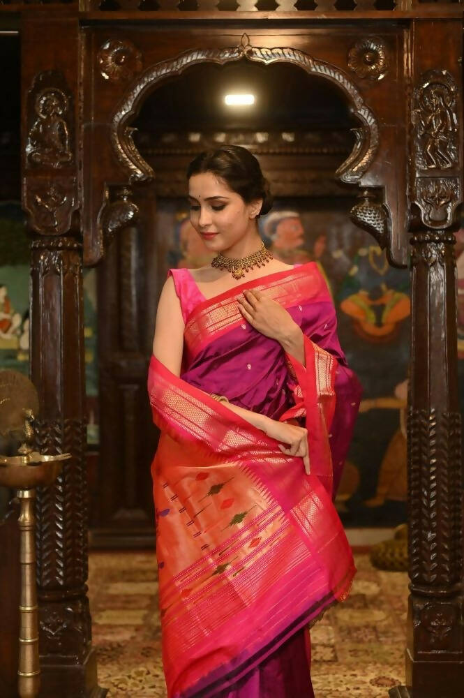 Very Much Indian Pure Silk Paithani With Most Magenta With Contrast Pink - Distacart