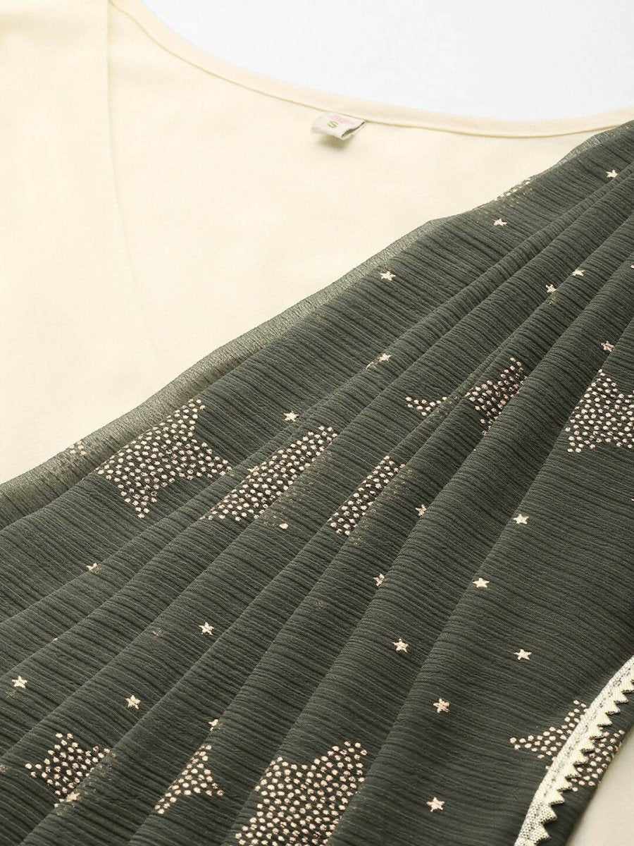 Ahalyaa Off White & Olive Green Ethnic Maxi Dress with Attached Dupatta - Distacart