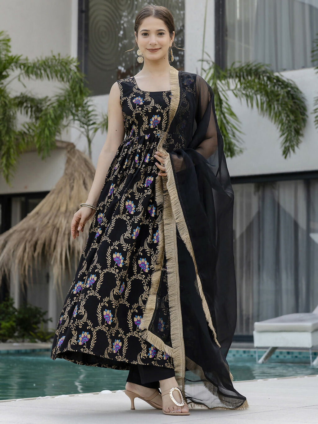 The52 Black Women's Gorgeous Printed Muslin Fabric Flared Kurta Pant and Dupatta Set - Distacart