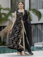 The52 Black Women's Gorgeous Printed Muslin Fabric Flared Kurta Pant and Dupatta Set - Distacart