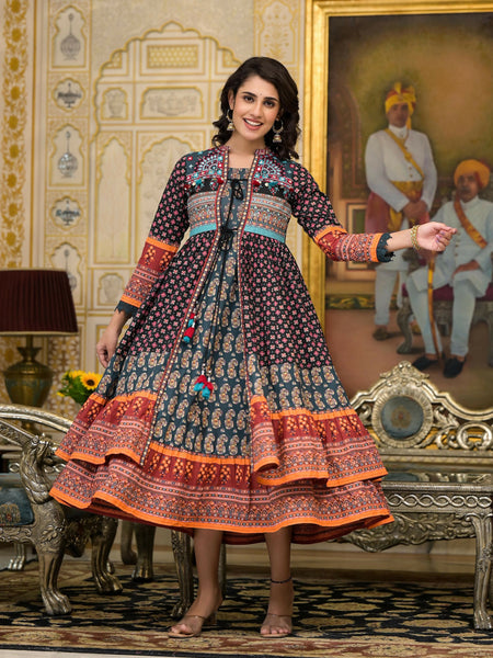 Juniper Women's Black Ethnic Motif Printed Cotton Dress With Coins Thread & Mirror Work